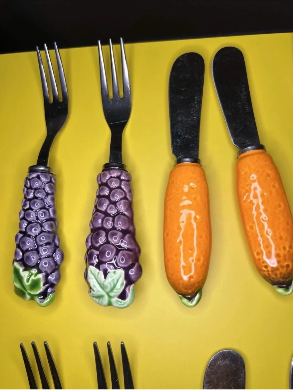 Vintage Japan Fruit Handle Flatware Set Ceramic Knives Forks Stainless Steel